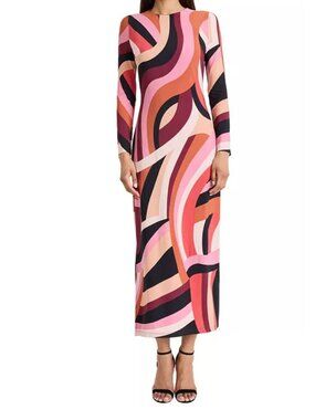NWT Donna Morgan Printed Midi Dress Size 10 Beige Rose Crewneck MSRP $128